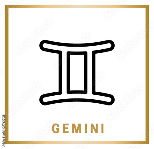 Gemini Zodiac sign. Horoscope. Isolated black icon on white background with golden inscription. Vector illustration