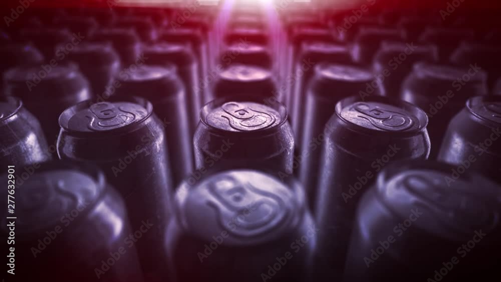 4K aluminum soda cans loop background . Energy drink recycling close up