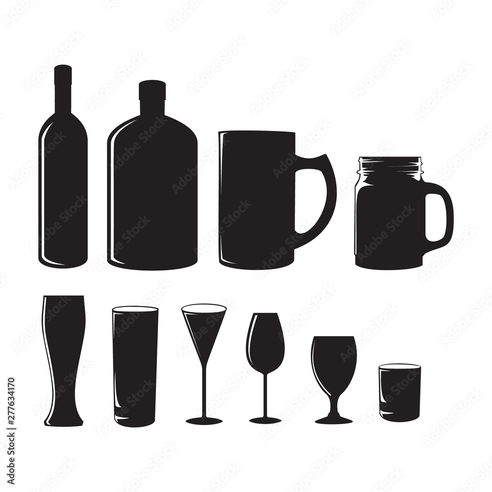 black bottles and glasses set for bar or cafe black and white illustrations logo symbol silhouette black bottles and glasses set for bar or cafe black and white illustrations logo symbol silhouette