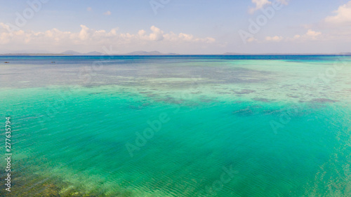 Fototapeta Naklejka Na Ścianę i Meble -  Coral reefs and atolls in the tropical sea, top view. Turquoise sea water and beautiful shallows. Philippine nature.