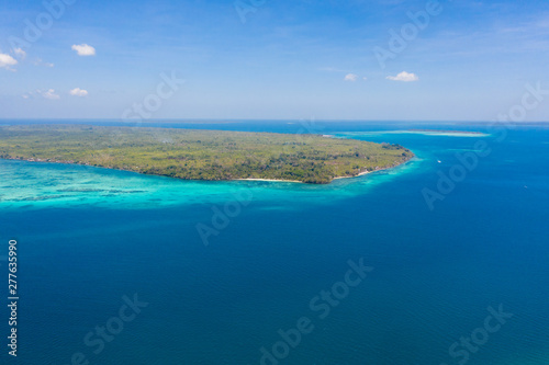 Fototapeta Naklejka Na Ścianę i Meble -  Large islands located on the atolls, a top view. Island with forest.