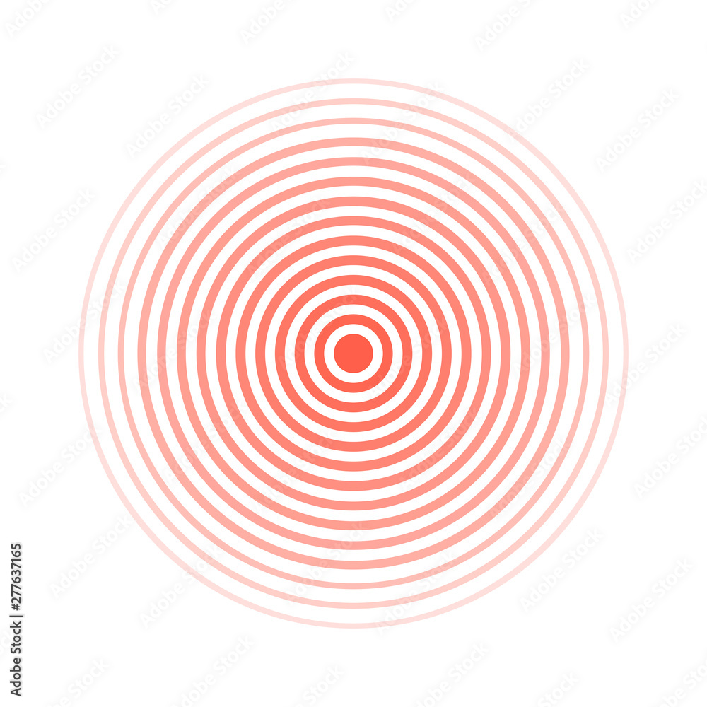 Fototapeta premium Red rings sound wave and line in a circle. Sound wave wallpaper. Radio station signal. Circle spin vector background.