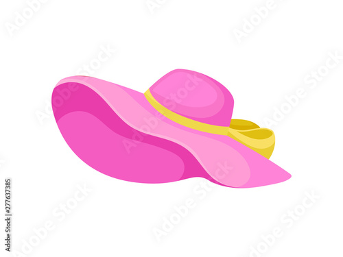 Pink wide-brimmed hat for women. Vector illustration on white background.