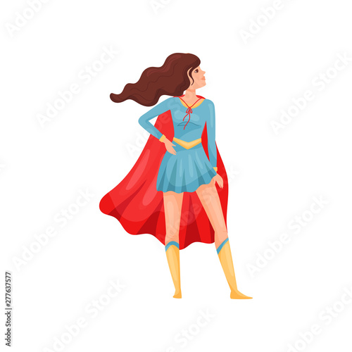 Woman super hero in blue dress. Vector illustration on white background.