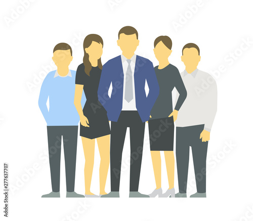 A group of people, workers team of businessmen. Teamwork. Work partnership leadership. Men and women in business clothes. Vector flat.
