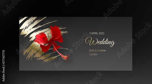 Tropical red hibiscus flower on dark black and gold background vector. Beautiful botanical design with exotic tropic jungle plant and golden paint smear. Wedding invitation card, holiday sale
