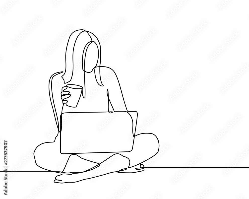 continuous line drawing of woman is playing a laptop. Teen browsing a laptop searching information online. vector illustration isolated on white background continuous line drawing of woman is playing a laptop. Teen browsing a laptop searching information online. vector illustration isolated on white background