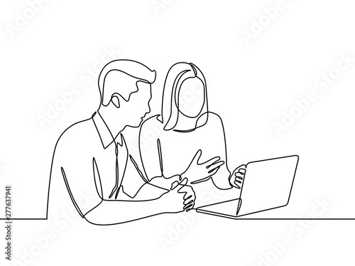 continuous line drawing of a woman is explaining material inside a laptop to a man. Two teen browsing a laptop searching information online. vector illustration isolated on white background
