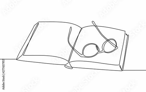 Continuous line drawing of a glasses are placed on top of the book. Educational concepts and knowledge. Learning, Education. vector illustration isolated on white background