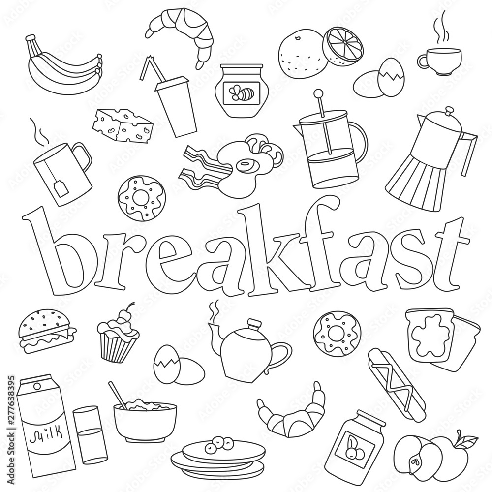 Icons set of patches on the subject of Breakfast and the food, simple contour icons  on a blue background