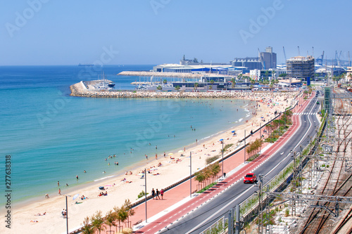 Panoramic view of coast of Tarragona. Summer day in Tarragona beach, Costa Dorada.