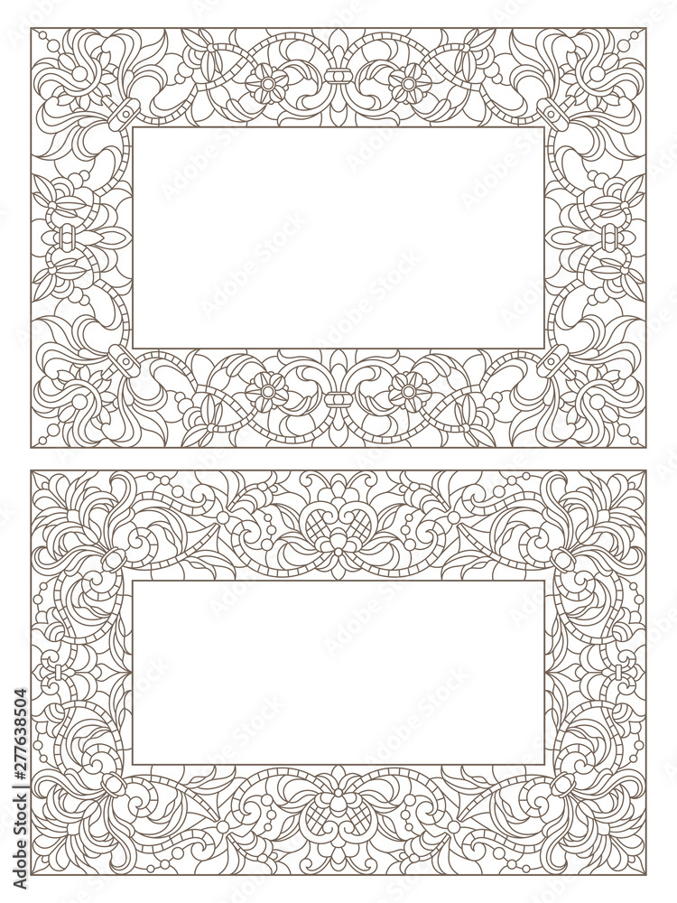 Set contour illustrations of stained glass with floral framework,dark outlines on white background