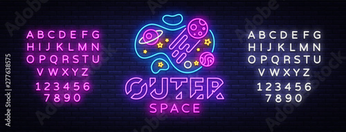 Outer Space neon sign vector. Space Design template neon sign, light banner, neon signboard, nightly bright advertising, light inscription. Vector illustration. Editing text neon sign