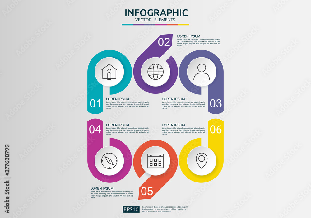 Fototapeta premium 6 steps infographic. timeline design template with 3D paper label, integrated circles. Business concept with options. For content, diagram, flowchart, steps, parts, workflow layout, chart.