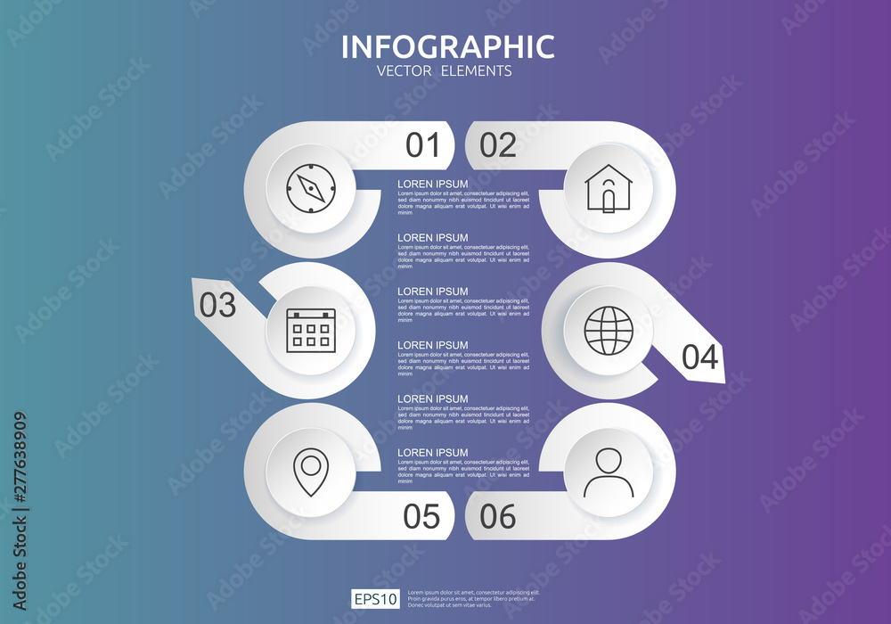 Fototapeta premium 6 steps infographic. timeline design template with 3D paper label, integrated circles. Business concept with options. For content, diagram, flowchart, steps, parts, workflow layout, chart.
