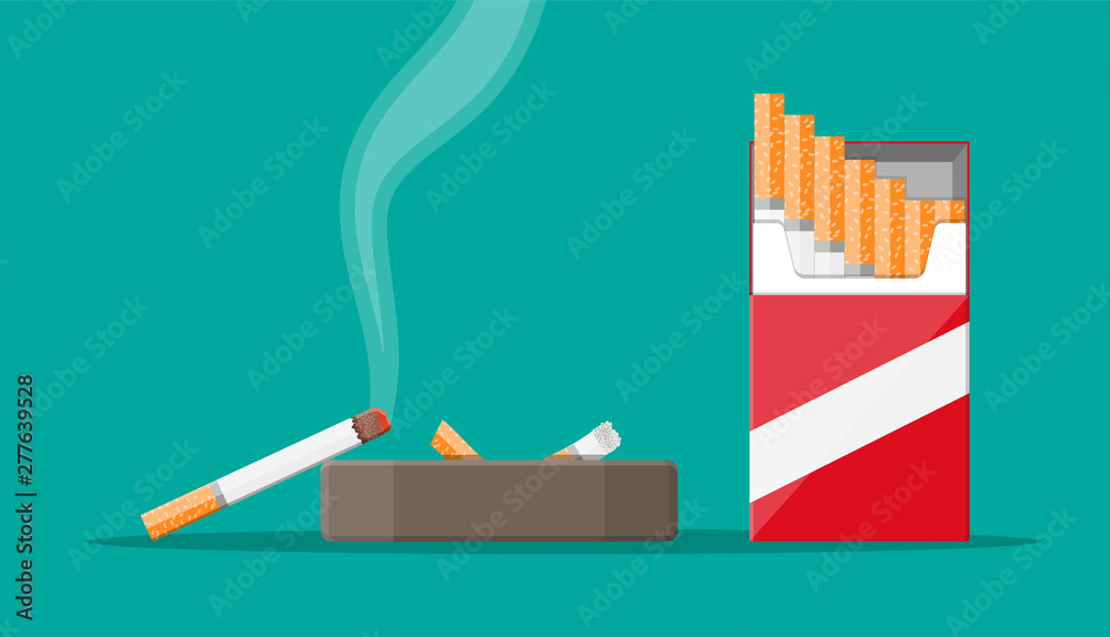 Ceramic ashtray full of smokes cigarettes. Crockery for smoking. Cigarette paper package. Unhealthy lifistyle. Vector illustration in flat style