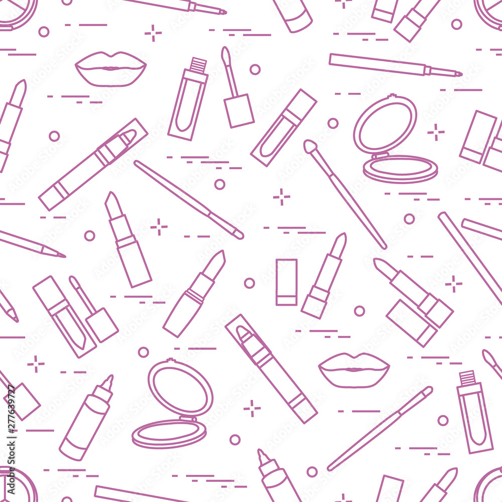 Seamless pattern of different lip make-up tools. Vector illustration of lipsticks, mirror, lip liner, lip gloss and other. Seamless pattern of different lip make-up tools. Vector illustration of lipsticks, mirror, lip liner, lip gloss and other.