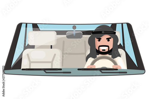 Arab businessman driver license vehicle interior car wheel ride driving traditional national muslim clothes isolated flat design vector illustration