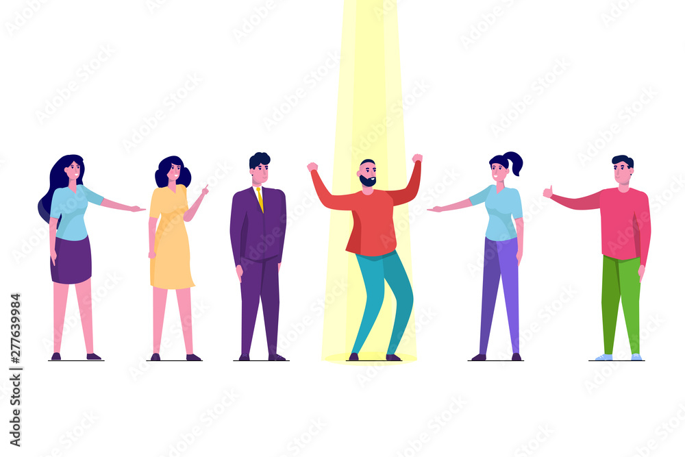 Obraz premium Talents searching, Hiring staff, Job search and career concept. Businessman in spotlight Vector illustration.