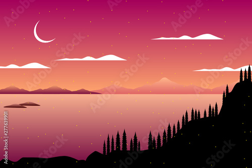 Abstract silhouette pine forest on mountain and starry night sea sky background