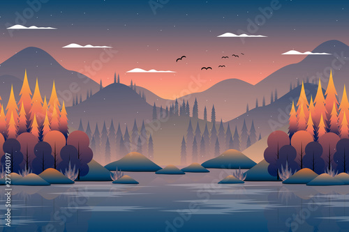 Autumn forest landscape with mountain and sky background
