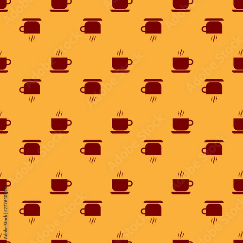 Red Coffee cup icon isolated seamless pattern on brown background. Tea cup. Hot drink coffee. Flat design. Vector Illustration