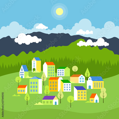 City landscape concept. Geometric urban scene. City landscape with buildings, hills and trees. Vector illustration.