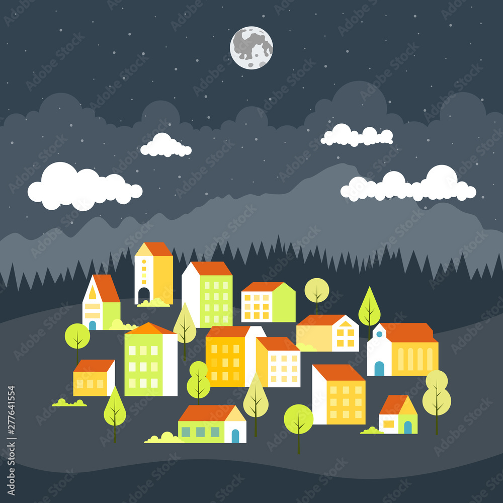 City landscape concept. Geometric urban scene. City landscape with buildings, hills and trees. Vector illustration.