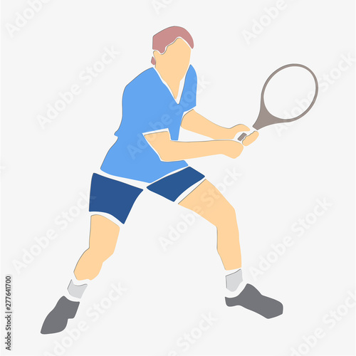 Male tennis player with racket. Colorful abstract cartoon. Athlete in active pose. Applique or paper cut style. Vector illustration.