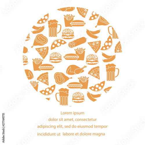 Beer, different types of food and fast food.