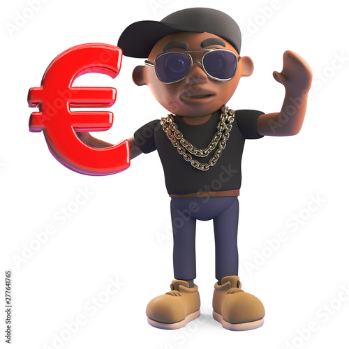 Cool black hiphop rapper in baseball cap holding a Euro currency symbol, 3d illustration photo