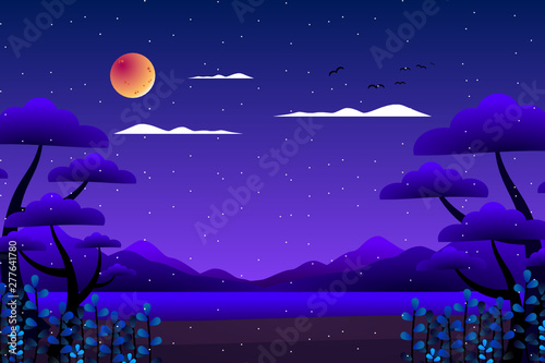 fantasy forest with mountain and full moon, fairy tale forest in flat design, beautiful vector illustrator