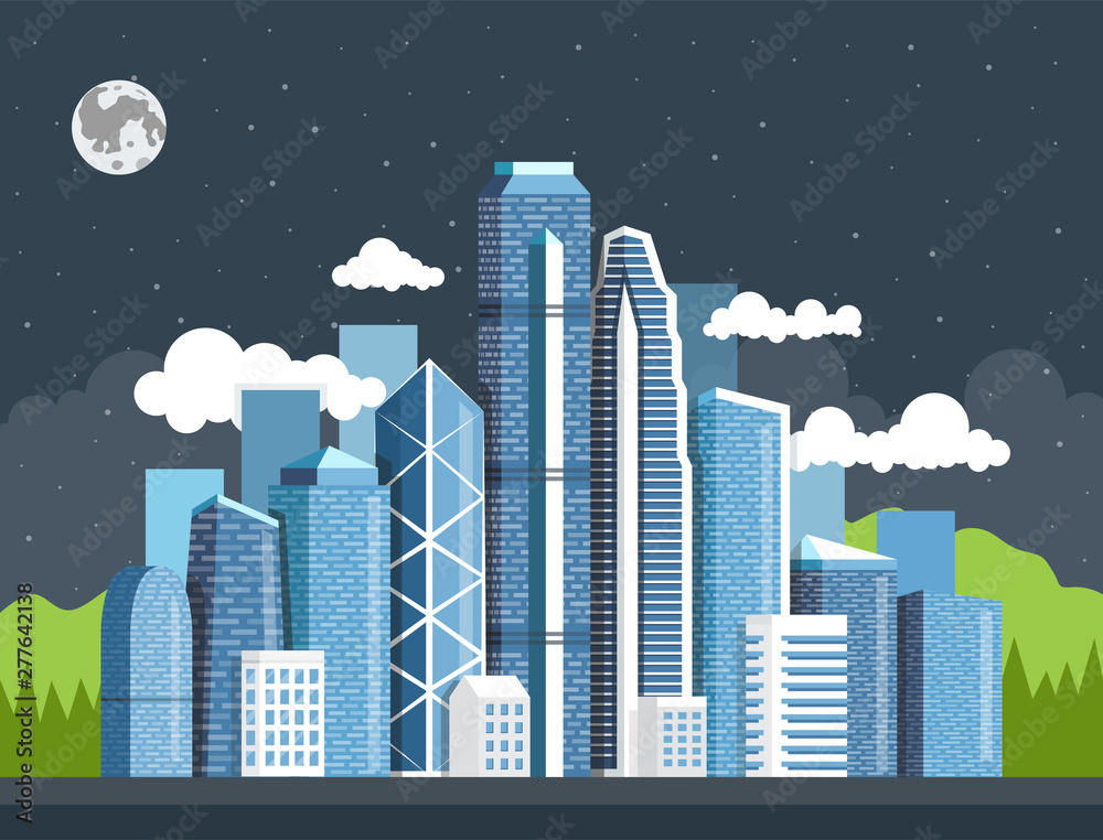 City downtown landscape with high skyscrapers piercing clouds in the sky. Vector illustration.