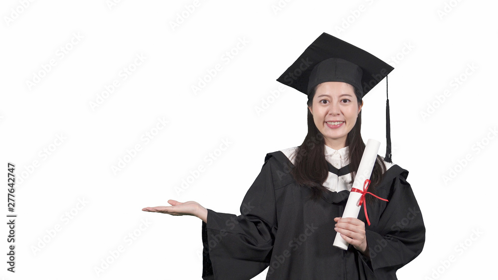 Graduate japanese female student wearing academic dress and hat. smiling college girl standing hold degree certificate showing side copy space. asian woman celebration education graduation successful Graduate japanese female student wearing academic dress and hat. smiling college girl standing hold degree certificate showing side copy space. asian woman celebration education graduation successful