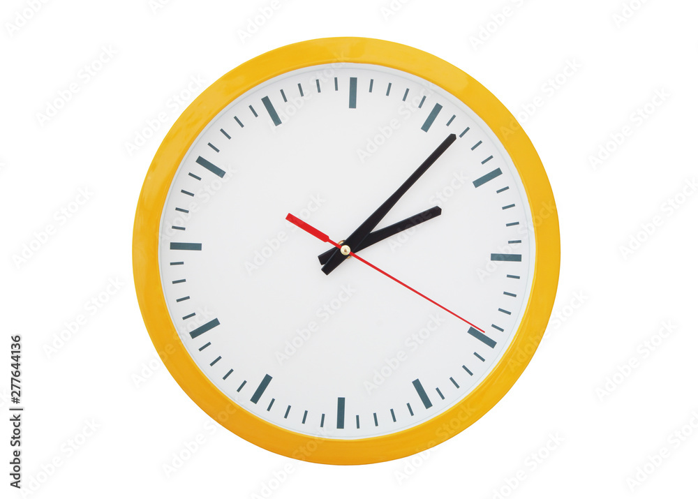 Orange clock with black and red pointers isolated on white background Orange clock with black and red pointers isolated on white background