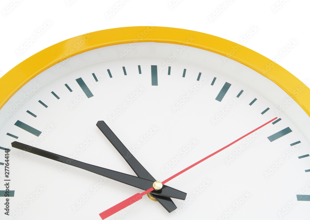 Round clock with black and red pointers isolated on white background Round clock with black and red pointers isolated on white background