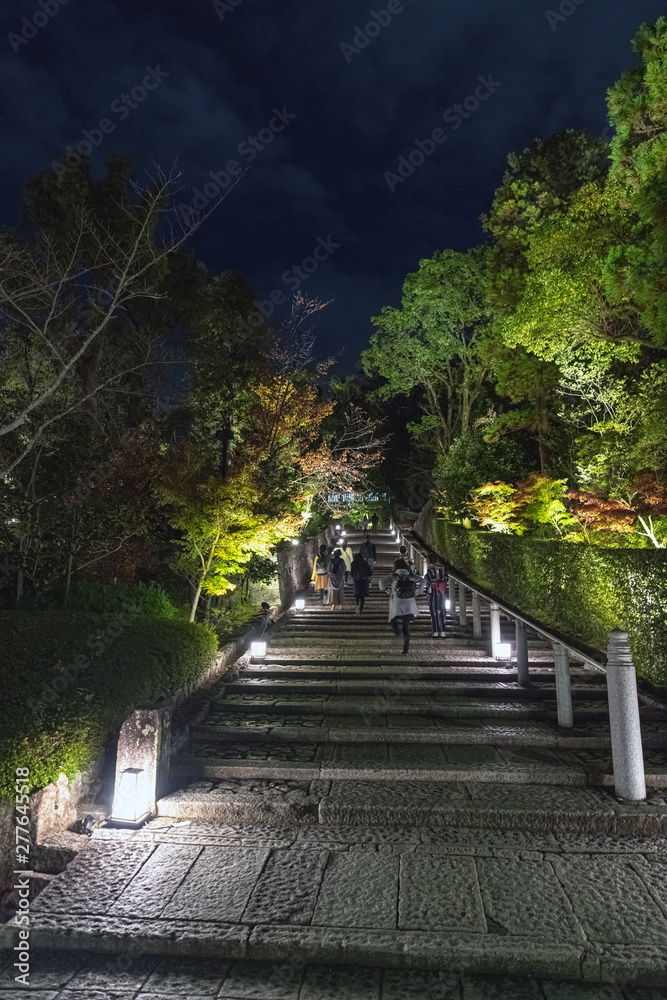 京都 ライトアップされた参道の石段