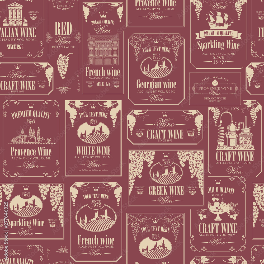 Vector seamless pattern on the theme of wine with various wine labels with images of grapes, landscapes, winery, castles, sailboats, fruits and other in retro style in burgundy and beige colors Vector seamless pattern on the theme of wine with various wine labels with images of grapes, landscapes, winery, castles, sailboats, fruits and other in retro style in burgundy and beige colors