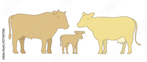 Bull, cow and their calf. Family. Milk farm. Breeding cow. Cattle raising. Flat vector.