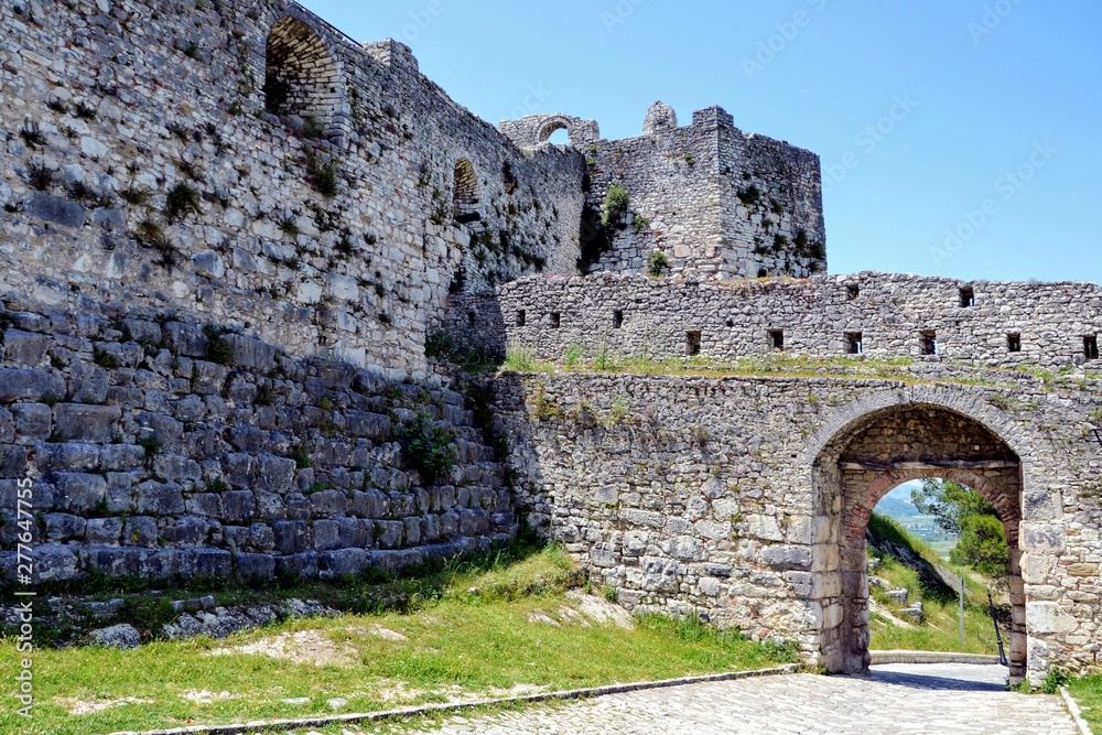 Entrance gate to the Berat Castle (Albanian: Kalaja e Beratit), a fortress overlooking the town of Berat, Albania. The albanian ancient city of Berat, designated a UNESCO World Heritage Site.