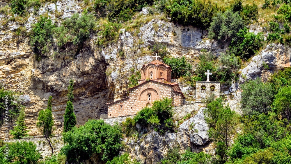 Saint Michael Church (Albanian: Kisha e Shen Mehillit), a medieval Byzantine church outside the Kalaja district located on a hilltop of the city of Berat, Albania. Panoramic view