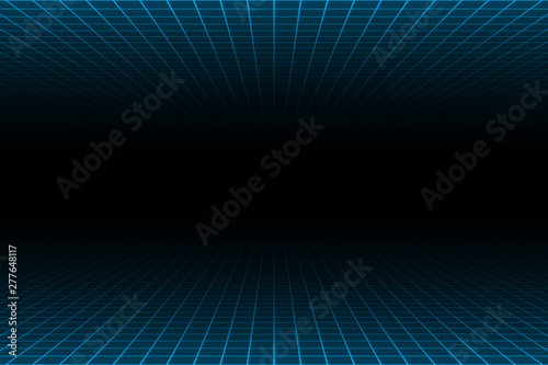 Canvastavla Central perspective over and under blue light grid on dark background, futuristic retro style