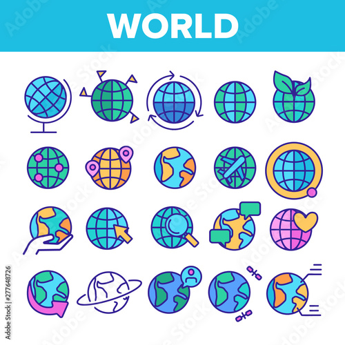 World, Globe, Planet Earth Vector Linear Icons Set. Traveling Around Planet, Chatting With Foreigners. Worldwide Web Outline, Lineart. World Travel, Rotation And Communication Thin Line Illustration