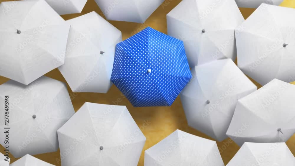 Blue Umbrella Wades Through a Flow of White Umbrellas, Standing Out from the Crowd Concept. Beautiful 3d Animation, 4K Ultra HD 3840x2160