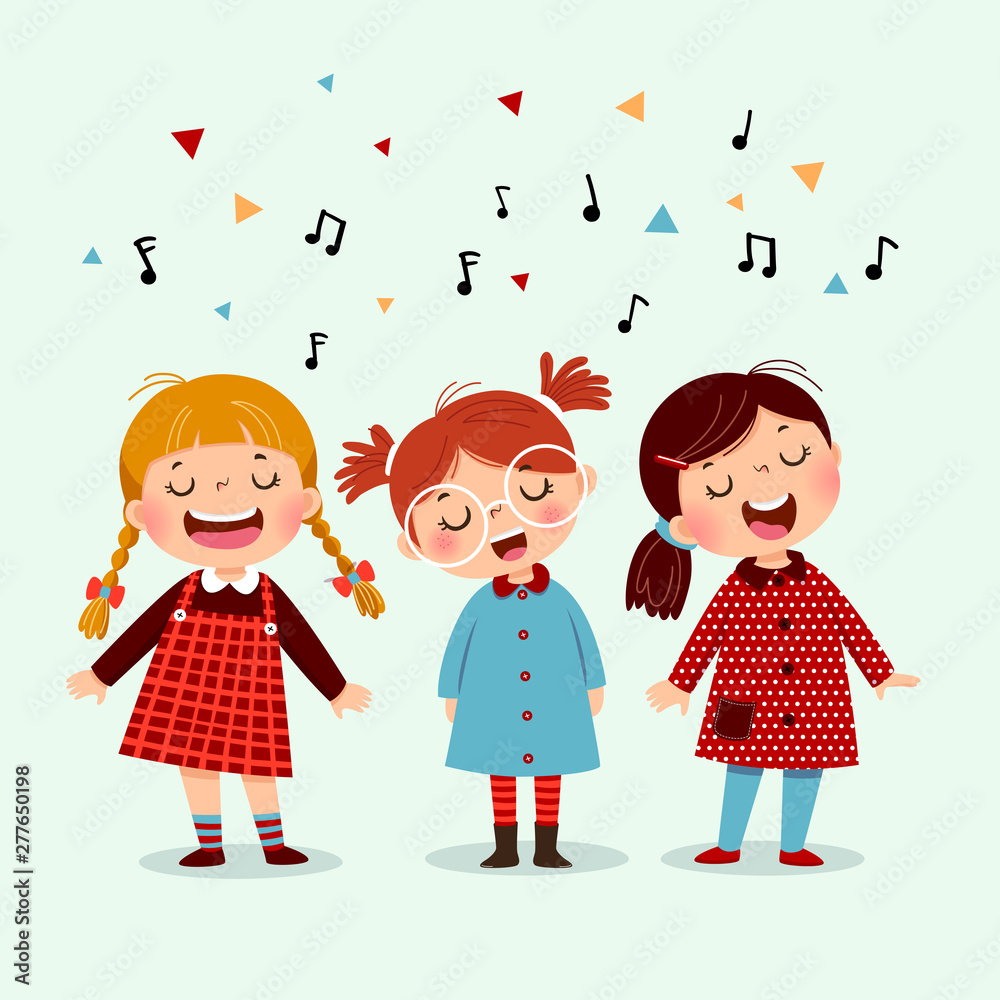 Three little girl singing a song on blue background. Happy three kids  singing together. Stock Vector | Adobe Stock