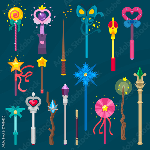 Wand vector magic stick miracle fantasy magician princess wizard object illustration magical set of fairytale symbol with star isolated on background
