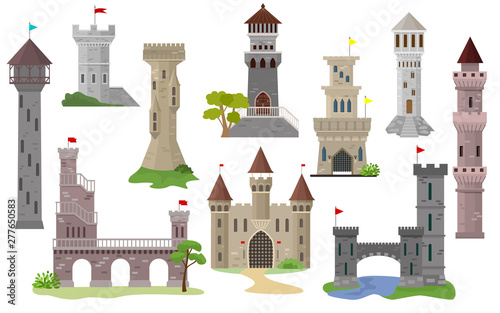 Cartoon castle vector fairytale medieval tower of fantasy palace building in kingdom fairyland illustration set of historical fairy-tale house isolated on white background