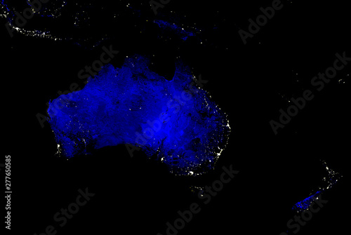 Australia and New Zealand lights map at night. View from outer space