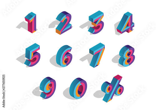 0, 1, 2, 3, 4, 5, 6, 7, 8, 9 isometric 3D numeral alphabet. Percent off, sale background. Colorfull polygonal triangle Letter. Eps10. Vector Isolated Number.