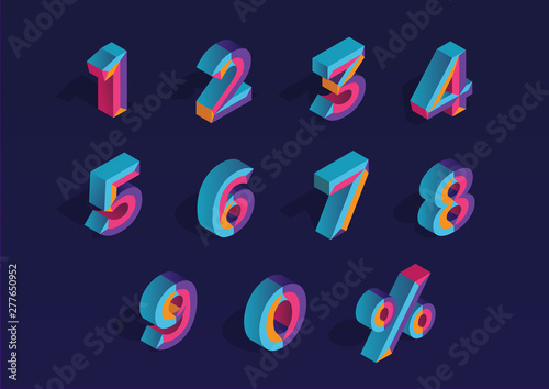 0, 1, 2, 3, 4, 5, 6, 7, 8, 9 isometric 3D numeral alphabet. Percent off, sale background. Colorfull polygonal triangle Letter. Eps10. Vector Isolated Number.